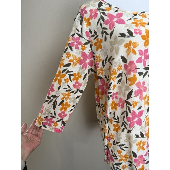 J.Jill Women's Plus Sz 1X Cream Floral Printed Top 100% Cotton 3/4 Sleeves - Picture 3 of 12
